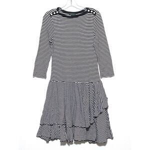 LRL Lauren Jeans Co Dress Tiered Ruffle Blue White Striped Nautical Womens M